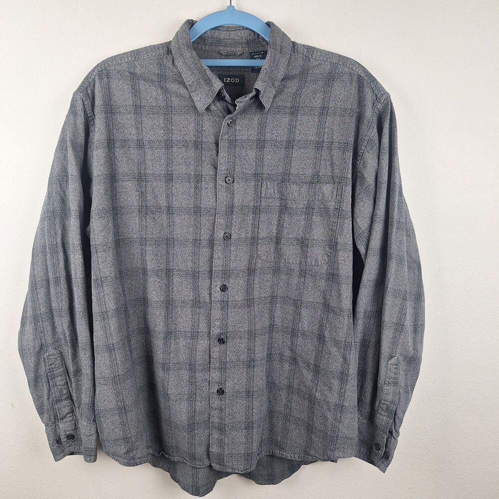 IZOD Mens Flannel Shirt Large Black Charcoal Plaid Long Sleeve Button Down